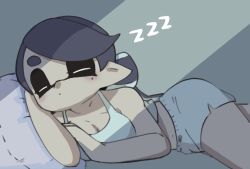 1girl, = =, alternate costume, bangs, bare shoulders, bed, black hair, blush, breasts, callie (splatoon), cleavage, closed mouth, collarbone, eyes closed, feet out of frame, hekoningyou (waraningyou), indoors, long hair, lying, medium breasts, midriff, mole, mole under eye, navel, nintendo, on bed, on side, pajamas, pillow, pointy ears, simple background, sleeping, solo, splatoon (series), splatoon 1, splatoon 2, stomach, swept bangs, tentacle hair, twintails, very long hair, white pajamas, zzz
