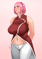Rule 34 | 1girl, absurdres, arms behind back, boruto: naruto next generations, breasts, closed mouth, facial mark, forehead mark, green eyes, hairband, haruno sakura, highres, jacket, jnsdh, large breasts, looking at viewer, mature female, naruto (series), navel, pants, parted bangs, pink background, pink hair, red jacket, short hair, simple background, sleeveless, sleeveless jacket, solo, standing, stomach, white pants