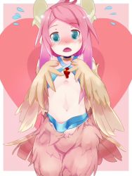 Rule 34 | 1girl, bad id, bad pixiv id, blue eyes, blush, breasts, feathered wings, flying sweatdrops, harpy, reina (mon-musu quest!), jewelry, k20, looking at viewer, midriff, mon-musu quest!, monster girl, navel, neck ring, open mouth, pink hair, small breasts, solo, winged arms, wings