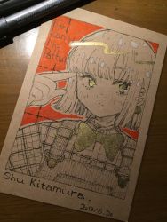 Rule 34 | 1girl, bow, bowtie, collared shirt, dated, earrings, gold bowtie, hand up, jewelry, kitamurashu, original, outline, photo (medium), plaid, plaid shirt, shirt, short hair, solo, traditional media, white hair, white outline, yellow eyes