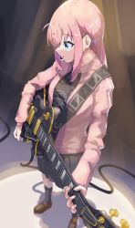 Rule 34 | 1girl, absurdres, black shirt, black skirt, black socks, blue eyes, bocchi the rock!, brown footwear, cable, closed mouth, commentary, electric guitar, gibson les paul, gotoh hitori, guitar, highres, holding, holding instrument, instrument, jacket, kneehighs, kutotogisu, loafers, long hair, open clothes, open jacket, pink hair, pleated skirt, shirt, shoes, skirt, socks, solo, track jacket