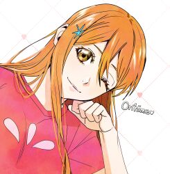 Rule 34 | 1girl, bleach, character name, closed mouth, commentary request, eyelashes, hair between eyes, hair ornament, hairclip, head rest, heart, highres, inoue orihime, korean commentary, leaning to the side, long hair, looking at viewer, n (nauki 11), one eye closed, orange eyes, orange hair, pink shirt, shirt, short sleeves, single sidelock, smile, solo, upper body