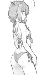 Rule 34 | 1girl, ahoge, ass, backless swimsuit, braid, breasts, casual one-piece swimsuit, cowboy shot, dan (kumadan), from behind, greyscale, hair flaps, hair over shoulder, kantai collection, monochrome, one-piece swimsuit, profile, shigure (kancolle), shigure kai ni (kancolle), side-tie swimsuit, simple background, single braid, small breasts, solo, standing, swimsuit