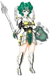 Rule 34 | 1girl, alternate costume, armor, blue eyes, boots, chunsoft, circlet, curly hair, dragon quest, dragon quest iv, earrings, enix, gauntlets, green hair, heroine (dq4), jewelry, shield, short hair, smile, solo, somaria, spoilers, sword, weapon