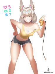 Rule 34 | 1girl, absurdres, animal ears, artist logo, artist name, black shorts, blunt bangs, body markings, bookmark, breasts, casual, cat ears, cat girl, chest jewel, circlet, collarbone, commentary, controller, dolphin shorts, english commentary, facial mark, gamecube controller, grey hair, hand on own hip, hand up, highres, holding, holding controller, leaning forward, like and retweet, looking at viewer, meme, navel, nia (xenoblade), short hair, shorts, small breasts, smile, solo, strap slip, tank top, twitter strip game (meme), white background, xenoblade chronicles (series), xenoblade chronicles 2, yellow eyes, yellow tank top, zambonito