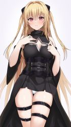 Rule 34 | 1girl, bare shoulders, black dress, blonde hair, blush, closed mouth, cowboy shot, detached sleeves, dress, hair intakes, hair ornament, hands on own chest, highres, konjiki no yami, long hair, looking at viewer, panties, red eyes, simple background, skindentation, solo, sukebewe, thigh strap, thighs, to love-ru, to love-ru darkness, underwear, white background, white panties, wide sleeves