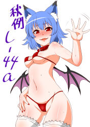 Rule 34 | 1girl, animal ear fluff, animal ears, bat wings, bikini, blue hair, blush, breasts, cameltoe, cleft of venus, collar, commentary request, covered erect nipples, cowboy shot, embarrassed, hand on own hip, highres, kemonomimi mode, lace, lace-trimmed legwear, lace trim, lips, looking at viewer, motion lines, nail polish, navel, open mouth, red bikini, red collar, red eyes, red nails, remilia scarlet, shiraue yuu, short hair, small breasts, solo, sweat, swimsuit, tearing up, thighhighs, touhou, translation request, waving, white background, white thighhighs, wings