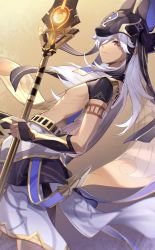 Rule 34 | 1boy, absurdres, armband, brown background, closed mouth, cyno (genshin impact), egyptian clothes, genshin impact, highres, holding, holding staff, long hair, looking at viewer, mask, orange eyes, solo, staff, vuvkhkgi, white hair
