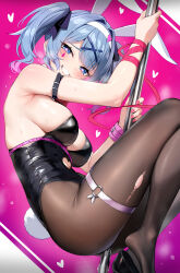 Rule 34 | 1girl, absurdres, animal ears, black leotard, blue eyes, blue hair, breasts, brown pantyhose, clenched teeth, commentary request, dombear, fake animal ears, hair ornament, hairband, hatsune miku, heart, heart-shaped pupils, highres, large breasts, leotard, looking at viewer, pantyhose, pink background, playboy bunny, pole dancing, pussy juice, rabbit ears, rabbit hole (vocaloid), smile, solo, sweat, symbol-shaped pupils, teeth, vocaloid, white hairband, x hair ornament