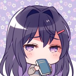 Rule 34 | 1girl, aicedrop, blush, book, book to mouth, breasts, covering own mouth, doki doki literature club, hair between eyes, hair ornament, hairclip, holding, holding book, long hair, long sleeves, looking at viewer, purple eyes, purple hair, ribbon, simple background, smile, solo, sweater, very long hair, yuri (doki doki literature club)