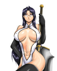 Rule 34 | 1girl, breasts, cleavage, curvy, covered erect nipples, glasses, huge breasts, huge weapon, judge martin, latex, leather, long hair, original, purple eyes, purple hair, revealing clothes, solo, sword, thighhighs, weapon, wide hips