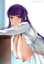 Rule 34 | 1girl, absurdres, blunt bangs, blush, breasts, breasts out, dress, fern (sousou no frieren), hanging breasts, highres, large breasts, long hair, long sleeves, looking at viewer, nipples, open clothes, purple eyes, purple hair, sidelocks, solo, sousou no frieren, white dress, xkit