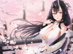 Rule 34 | 1girl, black hair, blurry, blurry background, blush, bow, breasts, choker, cleavage, demon girl, dress, flower, hair between eyes, highres, horns, large breasts, long hair, looking at viewer, mole, mole under eye, nail polish, off shoulder, oni, original, petals, ponytail, red eyes, silver tokki, smile, solo, white dress