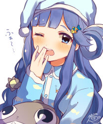 Rule 34 | 1girl, animal print, asari nanami, blue eyes, blue hair, blue hat, blue pajamas, blush, breasts, fish hair ornament, fish print, hair ornament, hair rings, hand up, hat, highres, holding, holding stuffed toy, idolmaster, idolmaster cinderella girls, idolmaster cinderella girls starlight stage, long hair, long sleeves, looking at viewer, mmmakaron888, nightcap, one eye closed, open mouth, pajamas, pom pom (clothes), print pajamas, signature, simple background, sleepy, small breasts, solo, stuffed animal, stuffed fish, stuffed toy, tears, teeth, upper body, upper teeth only, very long hair, white background, yawning