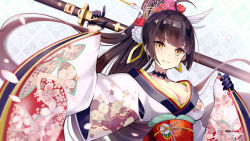 Rule 34 | 1girl, absurdres, akagi (blue oath), bad id, bad pixiv id, black gloves, blue oath, blush, breasts, brown hair, choker, cleavage, floral print, gloves, hair ornament, half gloves, highres, holding, holding sword, holding weapon, hoshizaki reita, japanese clothes, katana, kimono, large breasts, long hair, obi, petals, ponytail, sash, sheath, sheathed, solo, sword, upper body, weapon, wide sleeves, yellow eyes