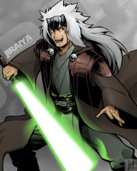 Rule 34 | 1boy, character name, commentary, crossover, energy sword, english commentary, forehead protector, green lightsaber, grey background, highres, holding, holding sword, holding weapon, jedi, jiraiya (naruto), lightsaber, long hair, long sleeves, looking at viewer, male focus, matoshi, naruto, naruto (series), open mouth, simple background, solo, standing, star wars, sword, teeth, tongue, weapon, white hair