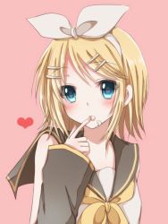 Rule 34 | bad id, bad pixiv id, blonde hair, blue eyes, bow, finger to mouth, hair ornament, hairclip, heart, hiro (hirohiro31), kagamine rin, pink background, solo, vocaloid