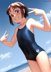 Rule 34 | 1girl, arena (company), artist name, bare arms, bare shoulders, beach, blue one-piece swimsuit, blue sky, blush, brown eyes, brown hair, cloud, collarbone, commentary request, company connection, covered navel, cowboy shot, day, double v, flat chest, grin, highres, horizon, looking at viewer, mu-pyon, ocean, one-piece swimsuit, original, paid reward available, school swimsuit, short hair, sky, smile, solo, standing, swimsuit, teeth, v