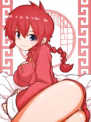 1girl absurdres ass blue_eyes braid breasts chinese_clothes highres long_sleeves lying nemuri_nezumi no_pants on_bed on_side panties ranma-chan ranma_1/2 red_hair saotome_ranma shiny_skin short_sidelocks smile solo tangzhuang thighs underwear white_panties