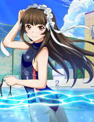 Rule 34 | 1girl, arm up, bare arms, black one-piece swimsuit, blue sky, blunt bangs, bow, breasts, brown eyes, brown hair, closed mouth, competition swimsuit, day, floating hair, hair bow, hair ribbon, ikkitousen, long hair, looking at viewer, one-piece swimsuit, outdoors, partially submerged, partially underwater shot, pool, ribbon, shiny skin, sideboob, sky, small breasts, smile, solo, sunlight, swimsuit, ten&#039;i (ikkitousen), underwater, very long hair, white bow, white ribbon