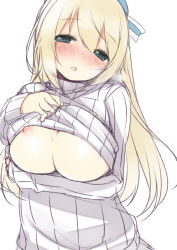 Rule 34 | 10s, 1girl, :o, atago (kancolle), bad id, bad pixiv id, blonde hair, blush, breast hold, breasts, green eyes, hat, kantai collection, large breasts, long hair, looking at viewer, meme attire, nekoume, nipples, personification, ribbed sweater, simple background, solo, sweater, white background