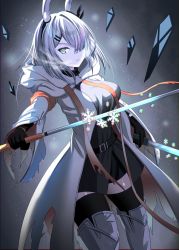 Rule 34 | 1girl, animal ear fluff, animal ears, arknights, aya-cis, belt, belt buckle, black dress, black gloves, black thighhighs, boots, breasts, buckle, closed mouth, coat, dress, dual wielding, floating, floating object, frostnova (arknights), gloves, gradient background, green eyes, grey background, grey hair, hair over one eye, highres, holding, holding sword, holding weapon, hood, hood down, hooded coat, large breasts, light particles, looking at viewer, open clothes, open coat, rabbit ears, scar, scar on face, scar on nose, short hair, snowflakes, solo, standing, sword, thigh boots, thighhighs, unzipped, v-shaped eyebrows, weapon, white coat, white footwear, zettai ryouiki