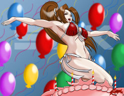 Rule 34 | 1girl, balloon, breasts, cake, candle, fatal fury, food, happy birthday, jonathanbn, large breasts, ponytail, shiranui mai, solo