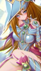Rule 34 | 1girl, bare shoulders, blonde hair, blue eyes, blush, blush stickers, boots, breasts, duel monster, hair between eyes, hat, highres, large breasts, long hair, looking at viewer, magician&#039;s valkyria, othellonia teru, smile, solo, wizard hat, yu-gi-oh!, yu-gi-oh! duel monsters