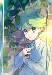 Rule 34 | 1boy, aqua eyes, bag, brick wall, brown bag, buttons, cardigan, collared shirt, commentary, creatures (company), game freak, green hair, grey cardigan, highres, kienai 11, long sleeves, male focus, nintendo, parted lips, plant, pokemon, pokemon oras, shirt, short hair, sleeves past wrists, solo, symbol-only commentary, twitter username, upper body, vines, wally (pokemon), watermark