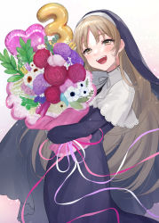 Rule 34 | 1girl, anniversary, black dress, blush, bouquet, brown eyes, capelet, dress, flower, gloves, habit, heart, highres, holding, holding bouquet, light brown hair, mizuiro 32, nijisanji, nun, parted bangs, ribbon, rose, simple background, sister claire, sister claire (1st costume), smile, solo, traditional nun, virtual youtuber, white capelet, white gloves, white ribbon