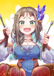 Rule 34 | 1girl, :d, atelier (series), atelier firis, blue jacket, blue shirt, blush, braid, breasts, brown hair, cleavage, commentary request, cropped jacket, crystal hair ornament, detached sleeves, excited, firis mistlud, food, fork, frills, green eyes, hair ornament, hair over shoulder, hands up, highres, holding, holding fork, holding knife, jacket, knife, long hair, looking at viewer, meat, medium breasts, open clothes, open jacket, open mouth, shirt, single braid, smile, snowstar, solo, sparkle, white sleeves, yellow background