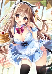 Rule 34 | 1girl, animal ears, bare shoulders, bell, black thighhighs, blush, bow, breasts, brown eyes, brown hair, cat ears, cat tail, cleavage, commentary request, detached collar, food, frilled skirt, frills, fruit, hair between eyes, highres, indoors, large breasts, long hair, looking at viewer, maid, maid headdress, nagayama yuunon, open mouth, original, pancake, panties, paw pose, pink panties, plate, shiny skin, skirt, sleeveless, smile, solo, standing, strawberry, tail, thighhighs, underwear
