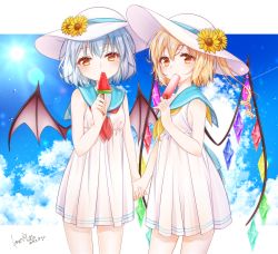 Rule 34 | 2girls, alternate costume, alternate headwear, bare arms, bat wings, blonde hair, blue hair, blue sailor collar, blue sky, cloud, commentary request, contrail, dated, day, dress, eating, flandre scarlet, flower, food, food in mouth, hair between eyes, haruki (colorful macaron), hat, hat flower, head tilt, holding, holding food, holding hands, lens flare, light blue hair, looking at viewer, multiple girls, neckerchief, outdoors, partial commentary, popsicle, red eyes, red neckerchief, remilia scarlet, sailor collar, short dress, short hair, siblings, side ponytail, signature, sisters, sky, standing, sun hat, sundress, sunflower, touhou, watermelon bar, wings, yellow neckerchief