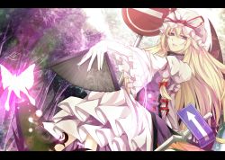 Rule 34 | 1girl, blonde hair, blush, bow, bug, butterfly, dress, hand fan, female focus, gap (touhou), hair bow, hat, hat ribbon, highres, holding, bug, letterboxed, long hair, no entry sign, nue0192, purple eyes, ribbon, road sign, sign, smile, solo, touhou, yakumo yukari