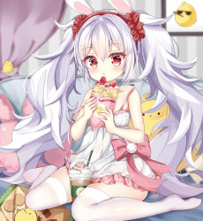 Rule 34 | 1girl, absurdres, animal, animal ears, arlene (ju), azur lane, bare shoulders, bird, blush, bow, chestnut mouth, chick, commentary request, crepe, cup, disposable cup, dress, drinking straw, food, frappuccino, hair between eyes, hair ornament, hair scrunchie, hairband, hands up, highres, holding, holding food, ice cream, laffey (azur lane), long hair, looking at viewer, no shoes, parted lips, rabbit ears, red bow, red eyes, red hairband, red scrunchie, scrunchie, silver hair, sitting, sleeveless, sleeveless dress, solo, strap slip, sunglasses, thighhighs, twintails, very long hair, white dress, white thighhighs