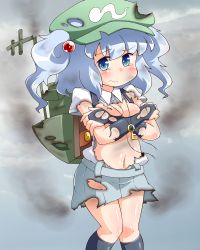 Rule 34 | 1girl, backpack, bag, blue background, blue eyes, blue hair, blush, breasts, breasts squeezed together, bridal gauntlets, burnt clothes, covering privates, covering breasts, crossed arms, frown, hair bobbles, hair ornament, hat, jinnouchi akira, kantai collection, kawashiro nitori, key, kneehighs, knees together feet apart, legs together, looking at viewer, matching hair/eyes, medium breasts, navel, parody, short hair, skirt, skirt set, smoke, socks, solo, tears, torn clothes, touhou, twintails, two side up