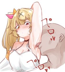 Rule 34 | 1boy, 1girl, arm behind head, arm up, armpits, blonde hair, blush, breasts, choker, cleavage, faceless, faceless male, hair ornament, heterochromia, hoshikawa sara, hoshikawa sara (1st costume), licking, licking armpit, long hair, medium breasts, mm (mm chair), nijisanji, red eyes, side ponytail, simple background, sleeveless, solo focus, tongue, tongue out, virtual youtuber, white background, yellow eyes