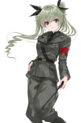 Rule 34 | 1girl, anchovy (girls und panzer), anzio military uniform, belt, black necktie, black ribbon, boots, brown eyes, commentary, drill hair, girls und panzer, green hair, grey pants, hair ribbon, hand on own hip, highres, holding, holding riding crop, knee boots, long hair, looking at viewer, mexif, necktie, pants, pants tucked in, parted lips, ribbon, riding crop, sam browne belt, simple background, smile, solo, standing, twin drills, twintails, white background, wind
