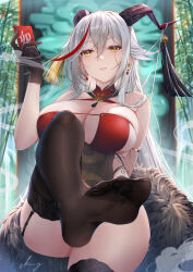 Rule 34 | 1girl, absurdres, aegir (azur lane), aegir (golden dragon among auspicious clouds) (azur lane), azur lane, black gloves, breasts, cleavage, earrings, feet, foot focus, garter straps, gloves, grey hair, highres, holding, hongbao, horns, jewelry, large breasts, leg up, long hair, multicolored hair, no shoes, official alternate costume, parted lips, red hair, signature, sitting, sking, smile, solo, streaked hair, thighhighs, very long hair, yellow eyes