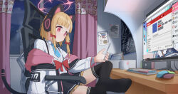 Rule 34 | 1girl, absurdres, animal ear headphones, animal ears, black skirt, black thighhighs, blonde hair, blue archive, blue necktie, calendar (object), cat tail, cellphone, chair, collared shirt, cup, curtains, dsfr, fake animal ears, halo, headphones, highres, holding, holding phone, jacket, momoi (blue archive), monitor, mouse (computer), necktie, phone, pink halo, pleated skirt, red eyes, shirt, short hair, sitting, skirt, smartphone, solo, tail, thighhighs, two-sided fabric, two-sided jacket, white shirt, window
