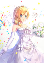 Rule 34 | 1girl, bare shoulders, blue eyes, bouquet, bow, breasts, bridal veil, bride, dress, earrings, elbow gloves, flower, gloves, highres, jewelry, necklace, open mouth, personification, rodney (warship girls r), smile, solo, strapless, strapless dress, veil, warship girls r, wedding dress, white dress, white gloves, xiaoyin li