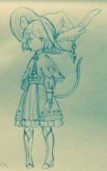 Rule 34 | 1girl, akagashi hagane, animal ears, boots, capelet, cosplay, dress, expressionless, feathered wings, final fantasy, frilled dress, frills, full body, hat, high heel boots, high heels, mouse ears, mouse tail, nazrin, pigeon-toed, puffy sleeves, red mage (cosplay), red mage (final fantasy), short hair, solo, tail, tail ornament, touhou, traditional media, winged hat, wings
