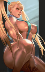 Rule 34 | 1girl, adapted costume, blonde hair, blue eyes, blue one-piece swimsuit, blue slingshot swimsuit, breasts, capcom, collar, commentary, curvy, detached collar, english commentary, female focus, frilled collar, frills, large breasts, lips, long hair, no mask, nose, one-piece swimsuit, parted lips, rainbow mika, rejean dubois, shiny skin, sideboob, slingshot swimsuit, solo, squatting, strap gap, street fighter, swimsuit, thick thighs, thighs, toned, twintails