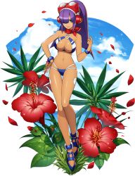 Rule 34 | 1girl, android, bikini, blunt bangs, bracelet, breasts, capcom, cloud, flower, full body, hair over one eye, hand on own hip, headset, high ponytail, highres, hime cut, jewelry, large breasts, layer (mega man), long hair, looking at viewer, mega man (series), mega man x (series), mega man x dive, mizuno keisuke, mole, mole under eye, official art, ponytail, purple hair, scarf, sky, smile, solo, summer, swimsuit, transparent background