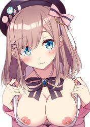 Rule 34 | 1girl, :3, beret, blue eyes, breasts, breasts out, brown hair, cleavage, collarbone, fuji yoshida, hat, highres, looking at viewer, medium breasts, medium hair, nijisanji, nipples, open clothes, open shirt, portrait, ribbon, simple background, solo, suzuhara lulu, virtual youtuber, white background