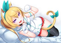 Rule 34 | 1girl, :3, :d, animal ear fluff, animal ears, bare shoulders, bed sheet, between legs, black panties, black thighhighs, blonde hair, breasts, cat ears, cat girl, cat tail, collarbone, commentary request, copyright request, fang, gloves, green ribbon, hair between eyes, hair ribbon, hands up, highres, hood, hood down, hoodie, kirisame mia, long hair, lying, miniskirt, on side, open mouth, panties, paw pose, pillow, pleated skirt, ponytail, purple eyes, red skirt, ribbon, side-tie panties, sidelocks, skirt, sleeveless, sleeveless hoodie, small breasts, smile, solo, tail, tail between legs, tail ornament, tail ribbon, thighhighs, twintails, underwear, white gloves, white hoodie
