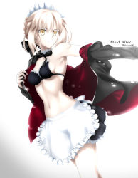 1girl, absurdres, apron, artoria pendragon (all), artoria pendragon (alter swimsuit rider) (fate), bangs, black bow, black bra, black jacket, black skirt, bow, bra, braid, breasts, choker, eyebrows visible through hair, fate/grand order, fate (series), foo (pixiv54892036), frilled apron, frilled bra, frilled skirt, frills, frown, hair between eyes, hair bow, highres, jacket, long sleeves, maid headdress, medium hair, midriff, miniskirt, navel, open clothes, open jacket, sideboob, silver hair, simple background, skirt, small breasts, solo, standing, stomach, twitter username, underwear, waist apron, white apron, white background, white choker, yellow eyes
