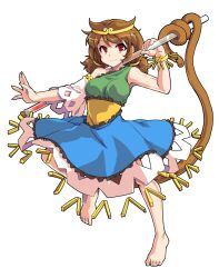 Rule 34 | 1girl, alphes (style), barefoot, blue dress, brown hair, circlet, closed mouth, dairi, detached sleeves, dress, full body, green dress, long hair, low twintails, monkey tail, multicolored clothes, multicolored dress, parody, red eyes, single detached sleeve, smile, solo, son biten, standing, style parody, tachi-e, tail, test tube, touhou, transparent background, twintails, white sleeves, yellow dress