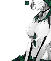 Rule 34 | 1girl, between breasts, breasts, cleavage, head out of frame, head scarf, large breasts, monochrome, navel, necktie, necktie between breasts, original, plaid, pupps, short hair, simple background, skirt, solo, spot color, white background