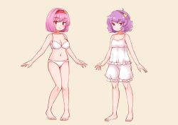 Rule 34 | 2girls, bare arms, bare shoulders, bloomers, bra, breasts, camisole, cleavage, curly hair, dual persona, eyeball, frills, hair ornament, hairband, heart, heart hair ornament, highres, itatatata, komeiji satori, medium breasts, multiple girls, panties, pink eyes, pink hair, purple eyes, purple hair, short hair, simple background, third eye, touhou, underwear, underwear only, white bloomers, white bra, white panties